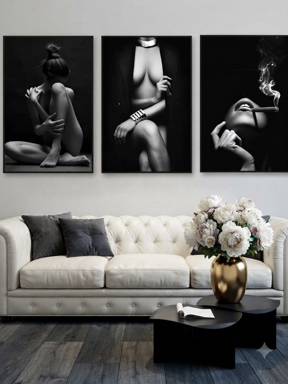 🌚 Coco After Dark™ Set of 3 | Black & White Luxe Boudoir Fashion Wall Art | Spa